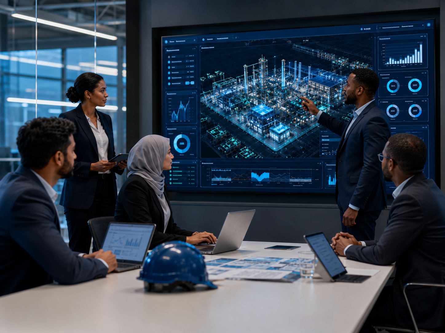 Diverse engineering team reviewing a digital twin dashboard in a corporate meeting room