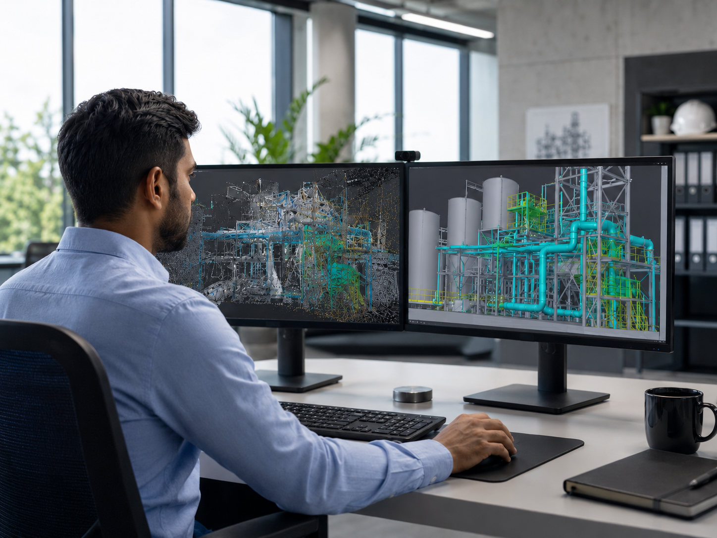 Engineer reviewing point cloud and intelligent 3D model data on dual monitors