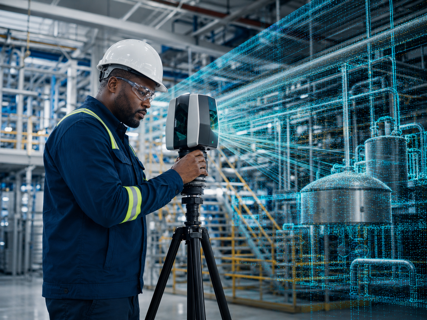 Black industrial worker operating advanced scanning equipment in a modern industrial facility