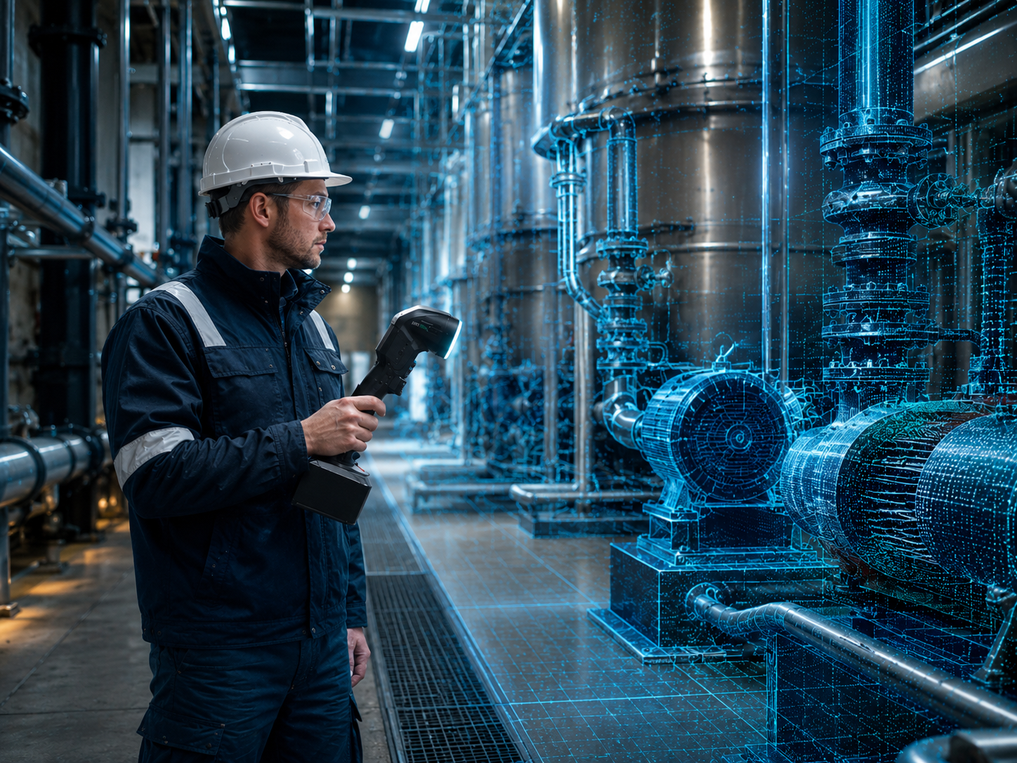 Industrial specialist inspecting plant equipment with digital overlay