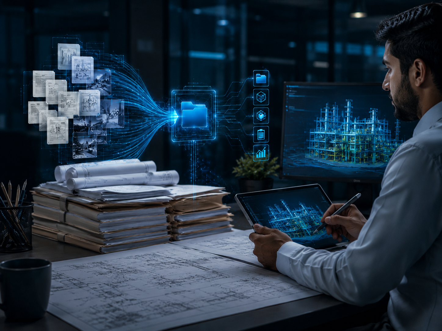 Engineering workstation with digital transformation and document modernization visuals